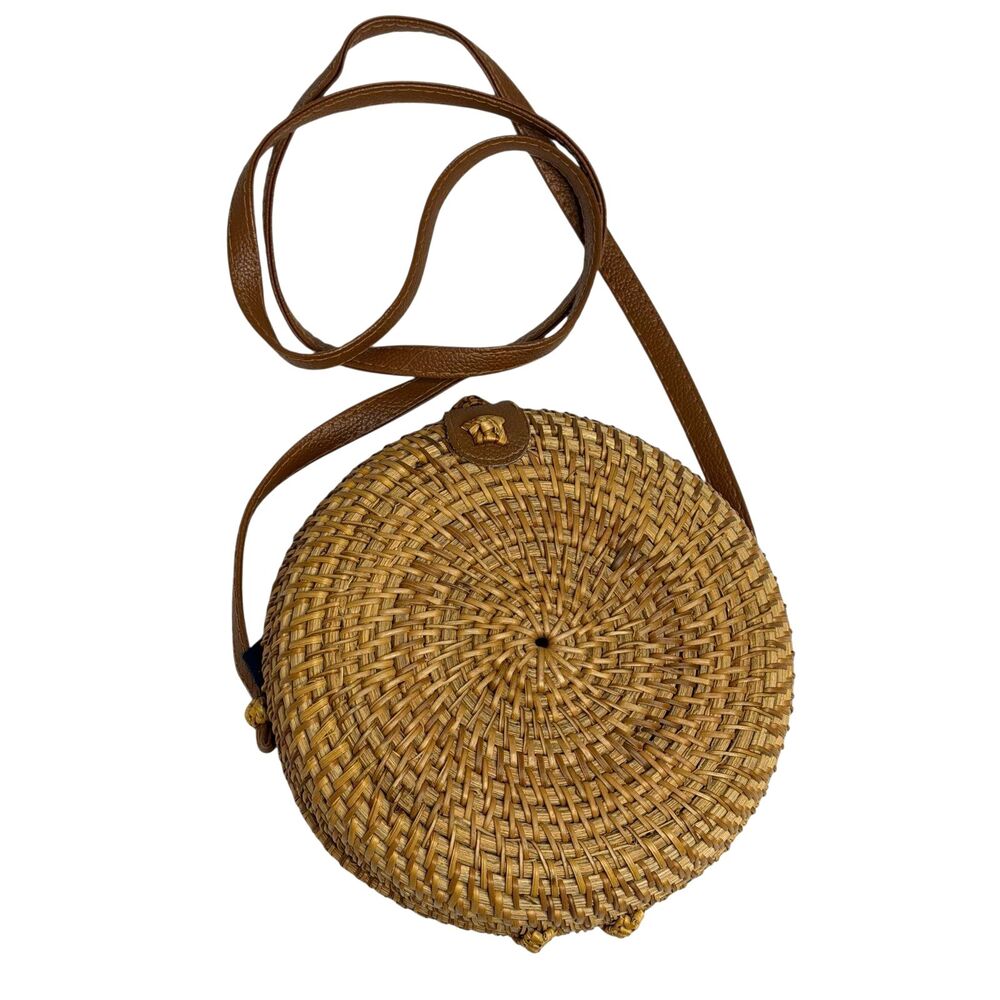 Round Rattan Wicker Purse Shoulder Bag Cross Body Shoulder Brown